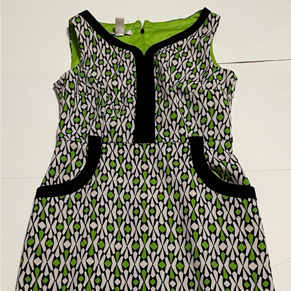 3/$12 London Times Dress Womens 6P Sleeveless Dress Pockets No Belt Black Green